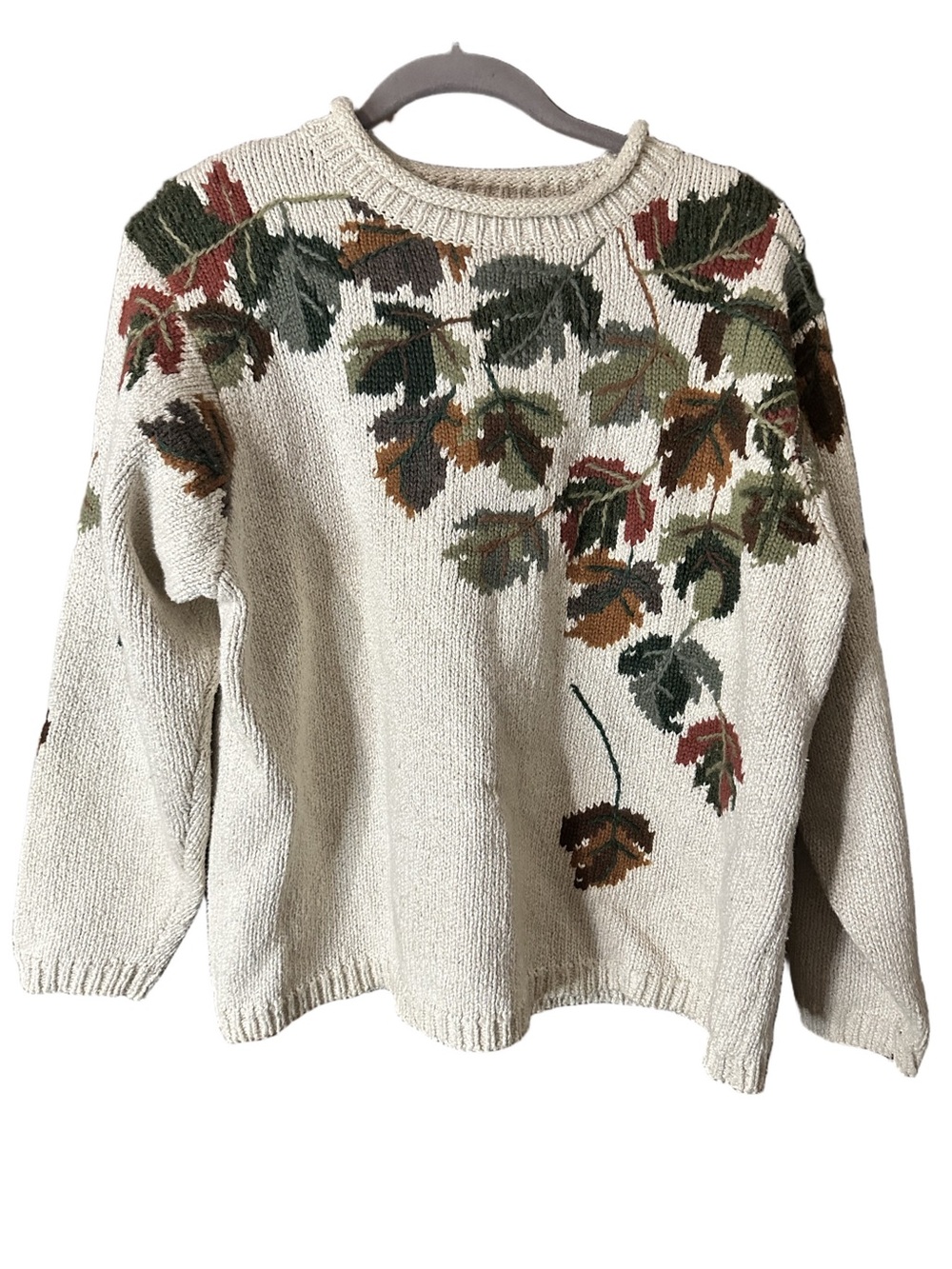 Vintage Rainbow Bridge Cream Green Leaf Pattern Knit Sweater Size XL